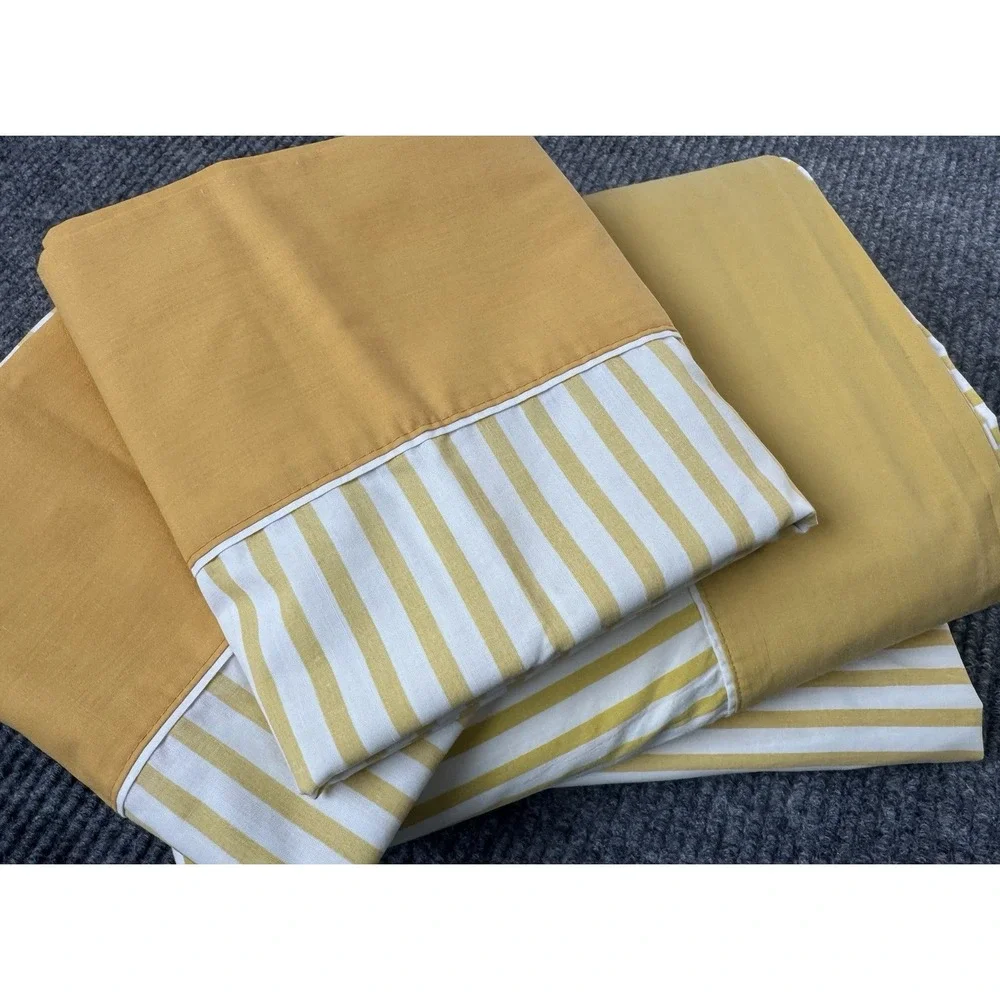 Vintage Yellow Gold White Stripe Full Sheet Set 4 Pc Flat Fitted 2 Pillowcases